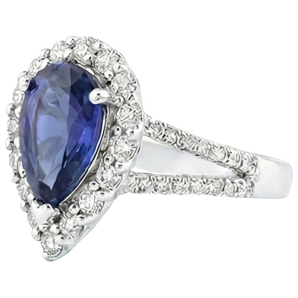 Halo Natural Earth Mined DIAMOND ( NOT LAB GROWN ) Ring Pear Sri Lankan Sapphire 5.50 Carats Split Shank