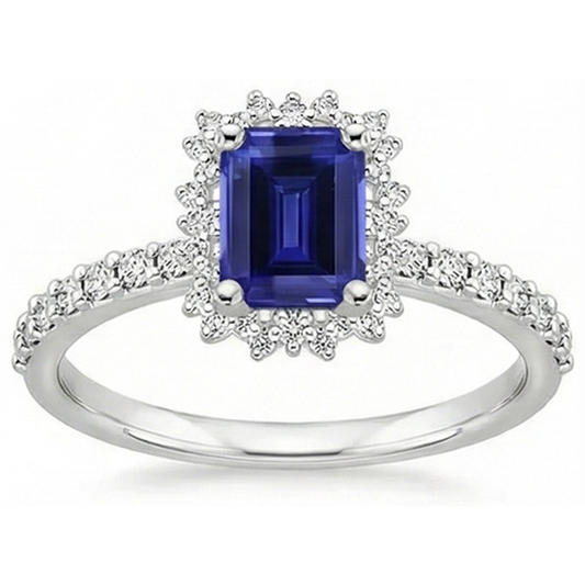 Halo Natural Earth Mined Diamond And Sapphire Engagement Ring