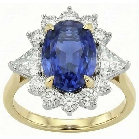 Halo Natural Earth Mined Diamond Ceylon Sapphire Ring 4.25 Carats Two Tone Sunburst Style