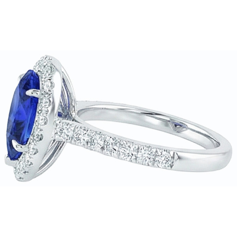 Halo Natural Earth Mined Diamond Jewellery Pear Blue Sapphire Ring 4 Carats White Gold 14K