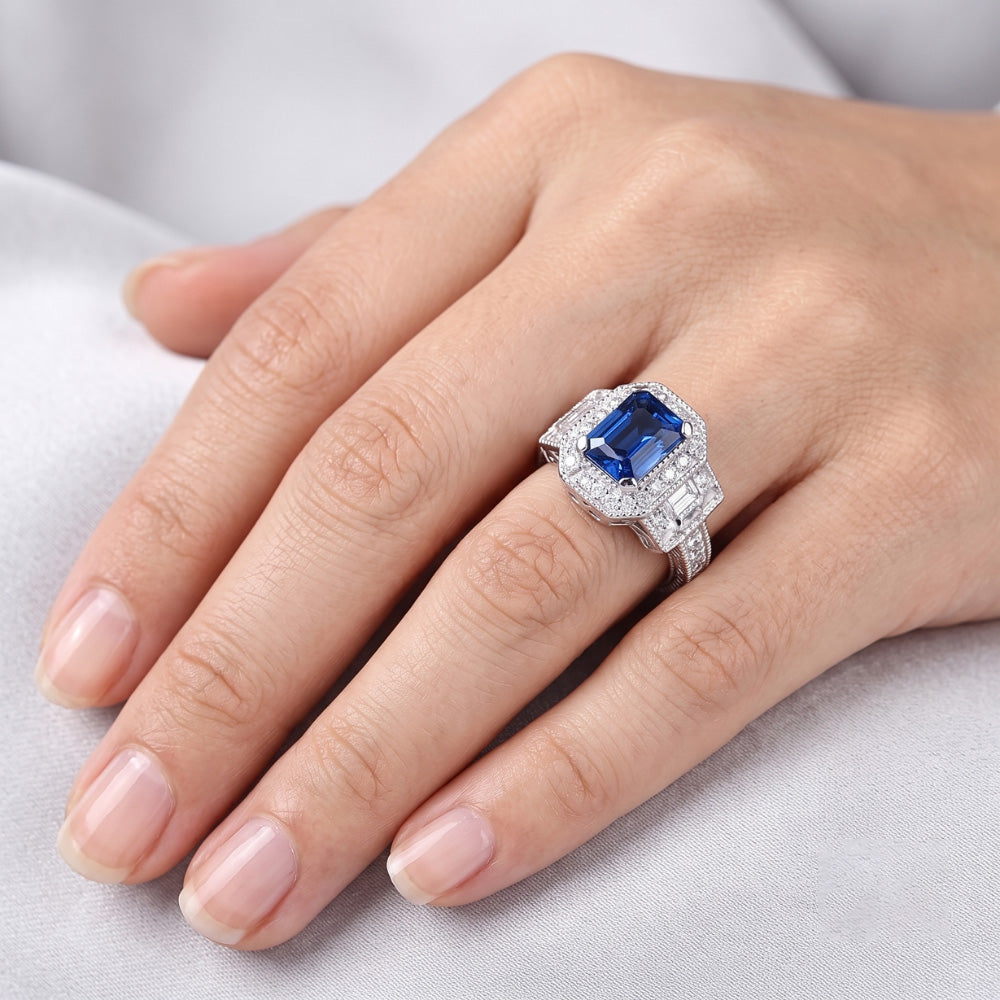 Halo Natural Earth Mined Diamond Radiant Sapphire Ring 2.50 Carats Vintage Style Baguettes