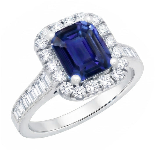 Halo Natural Earth Mined Diamond Ring Emerald Blue Sapphire Jewellery 3 Carats Channel Set