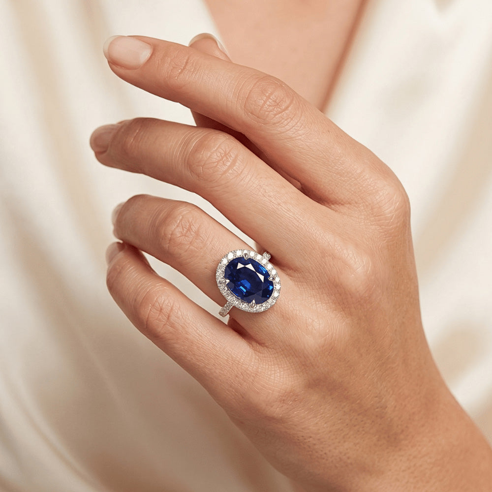 Halo Natural Earth Mined Diamond Ring Gold Oval Sri Lankan Sapphire With Accents 6 Carats