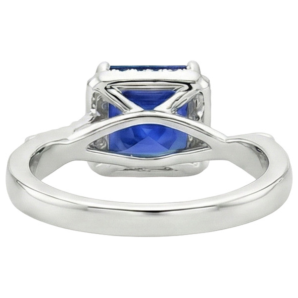 Halo Natural Earth Mined Diamond Ring Square Shape Ceylon Blue Sapphire Center 4 Carats