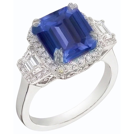 Halo Natural Earth Mined Diamond Ring Trapezoid & Round Accents 4 Carat Deep Blue Sapphire