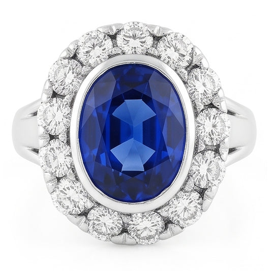Halo Natural Earth Mined Diamond Wedding Ring Oval Ceylon Sapphire Bezel Set 4.50 Carats