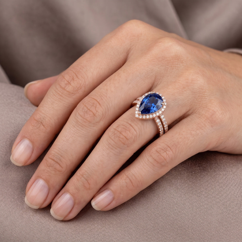 Halo Natural Earth Mined Diamond Wedding Ring Set Blue Sapphire & Diamonds 4.50 Carats