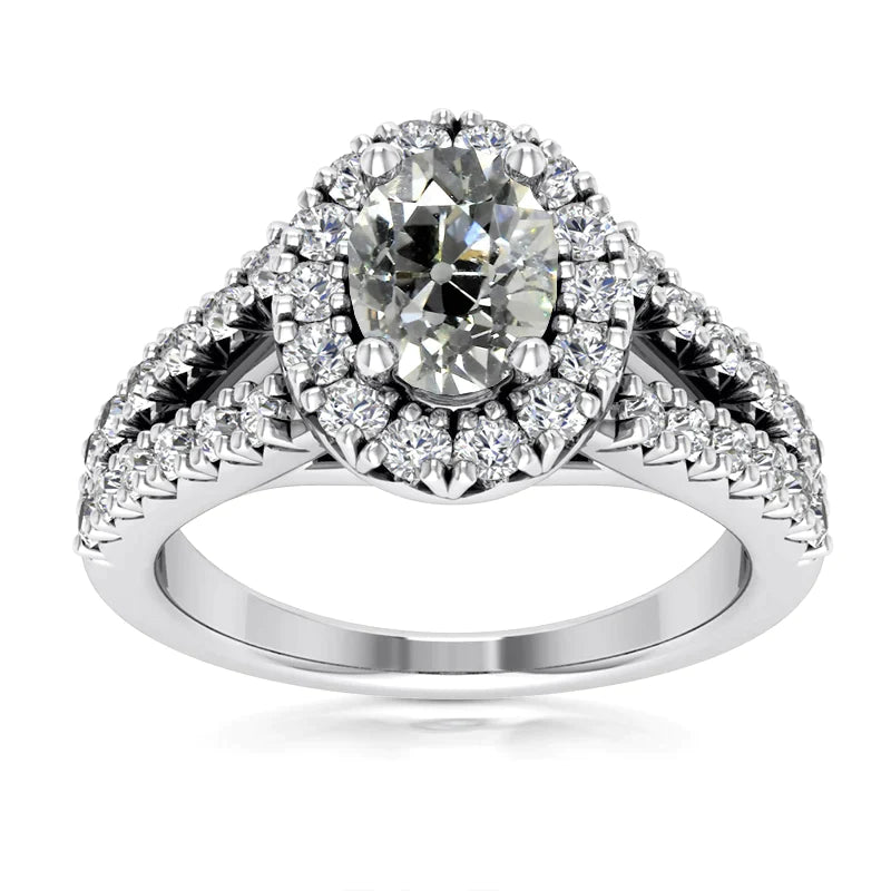 Halo Old Cut Oval & Round Real Diamond Ring Split Shank 5 Carats White Gold