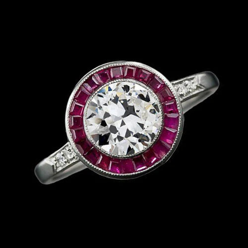 Halo Old Cut Round Natural Diamond Ring Baguette Sapphires 3.25 Carats