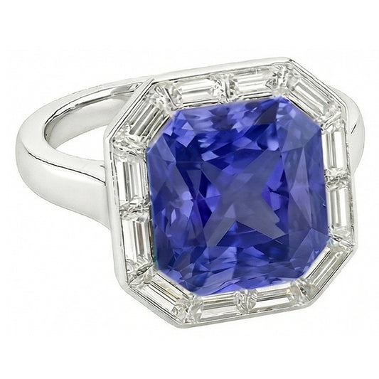 Halo Radiant Blue Sapphire Ring & Baguette Natural Earth Mined Diamonds 3.50 Carats