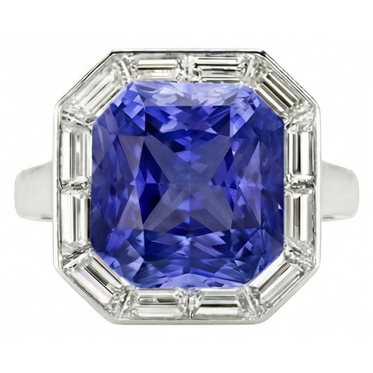 Halo Radiant Blue Sapphire Ring & Baguette Natural Earth Mined Diamonds 3.50 Carats