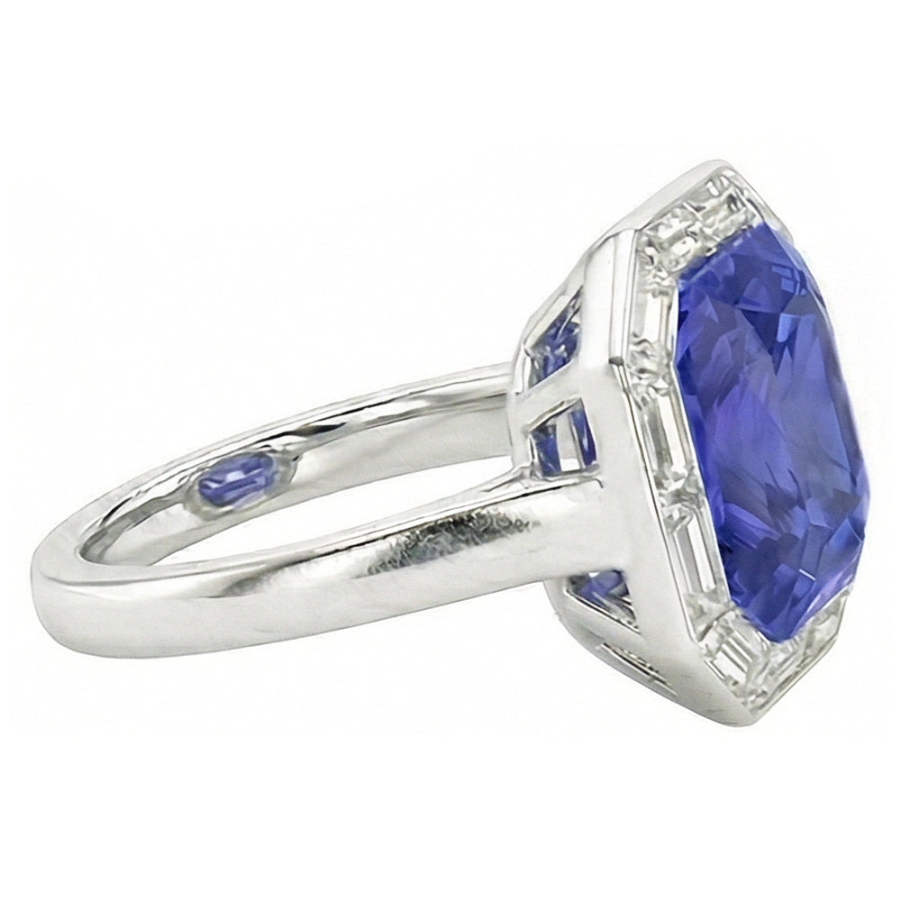 Halo Radiant Blue Sapphire Ring & Baguette Natural Earth Mined Diamonds 3.50 Carats