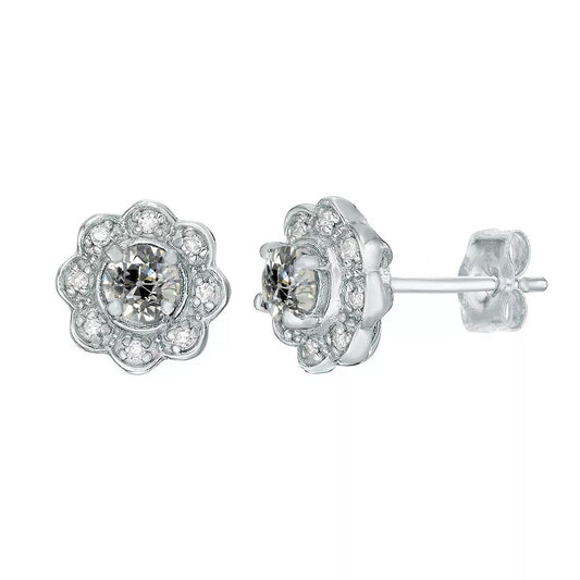 Halo Natural Earth Mined Diamond Studs Flower Style Old Cut Earrings 4 Carats Push Backs