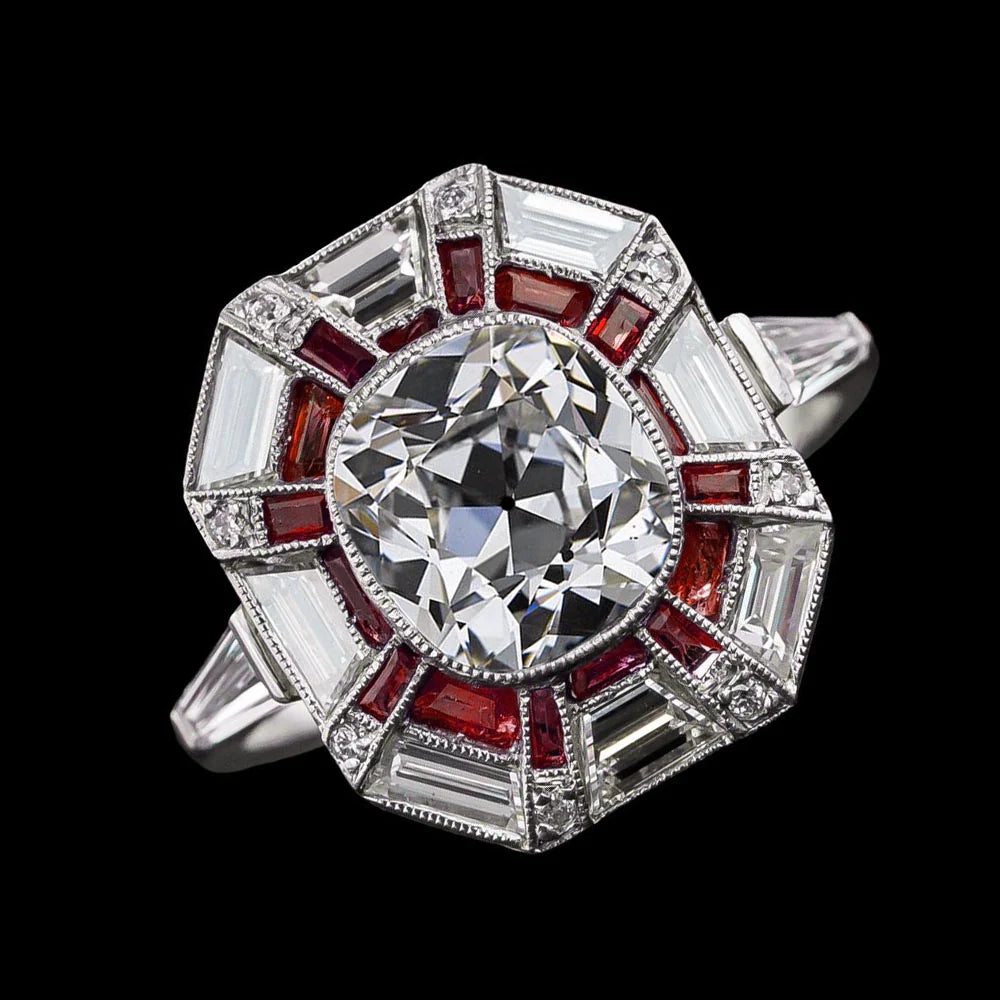 Halo Ring Baguette Ruby & Old Cut Round Real Diamond 6.50 Carats