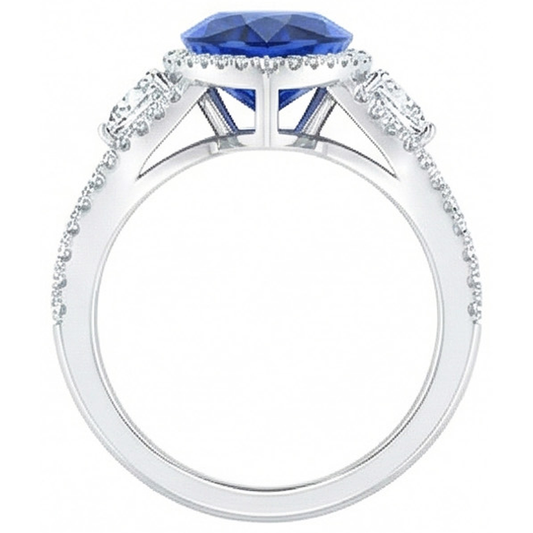 Halo Ring Bezel Set Pear Blue Sapphire & Natural Earth Mined DIAMOND ( NOT LAB GROWN ) Accents 4 Carats