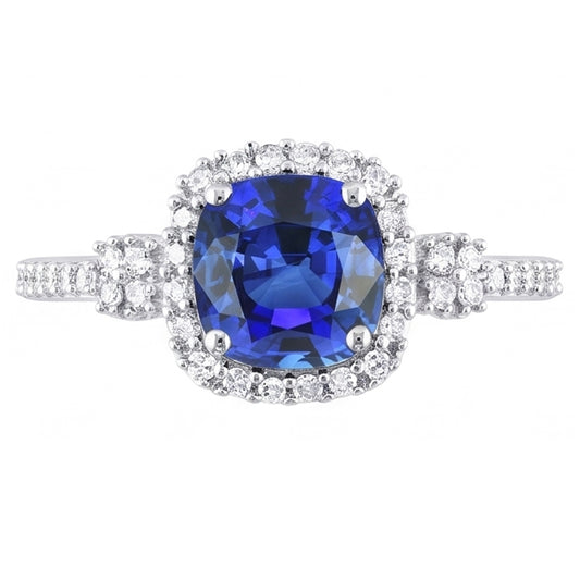 Halo Ring Cushion Ceylon Sapphire Prong Set Natural Earth Mined Diamonds 3.50 Carats