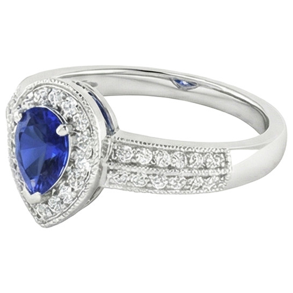 Halo Ring Double Shank Pear Blue Sapphire & Natural Earth Mined DIAMOND ( NOT LAB GROWN )s 2 Carats