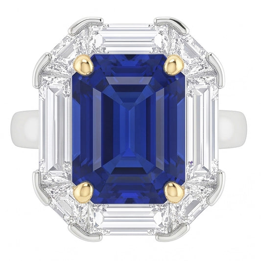 Halo Ring Emerald Blue Sapphire Trillion & Baguette Natural Earth Mined Diamonds 3 Carats