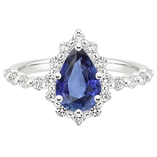 Halo Ring Flower Style Pear Blue Sapphire & Natural Earth Mined Diamonds 5 Carats