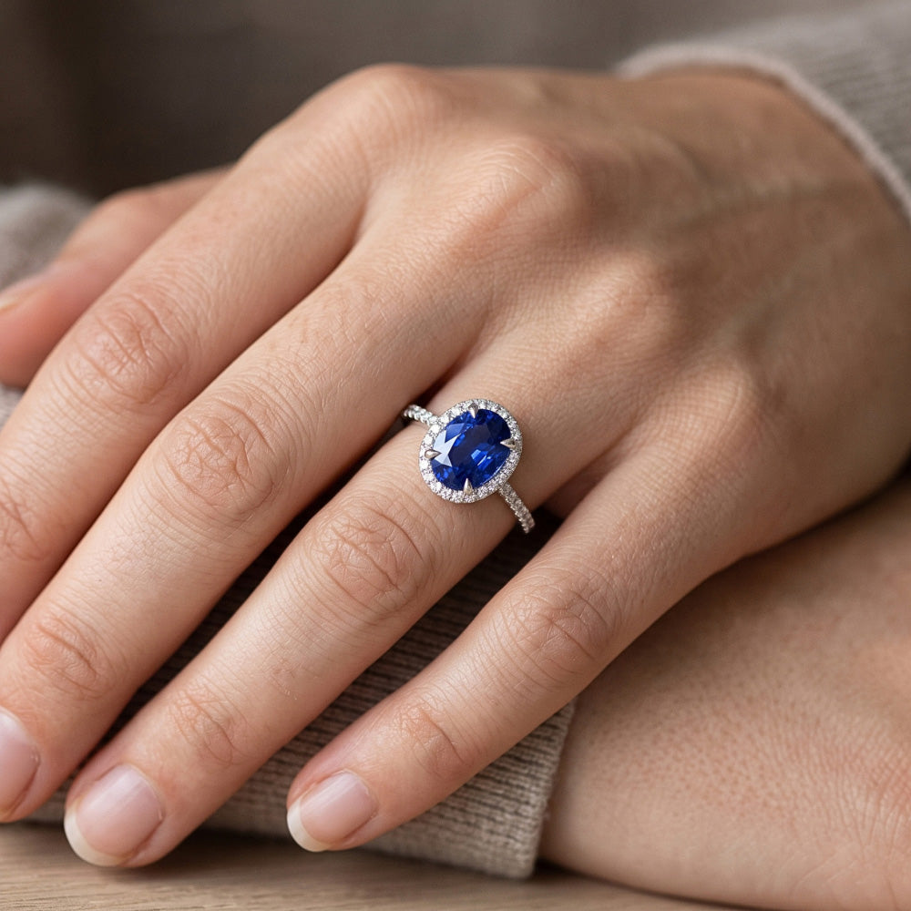 Halo Ring Oval Cut Ceylon Sapphire & Pave Set Natural Earth Mined Diamonds 4 Carats
