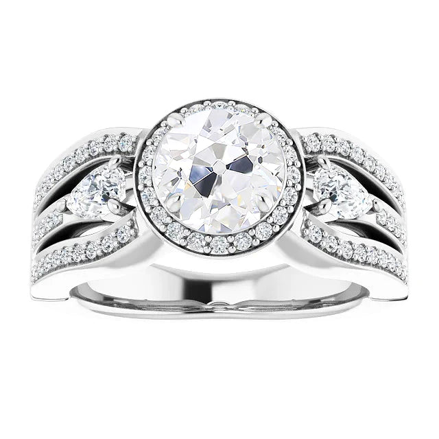 Halo Ring Pear & Round Real Old Cut Diamond Triple-Row Accents 5.50 Carats
