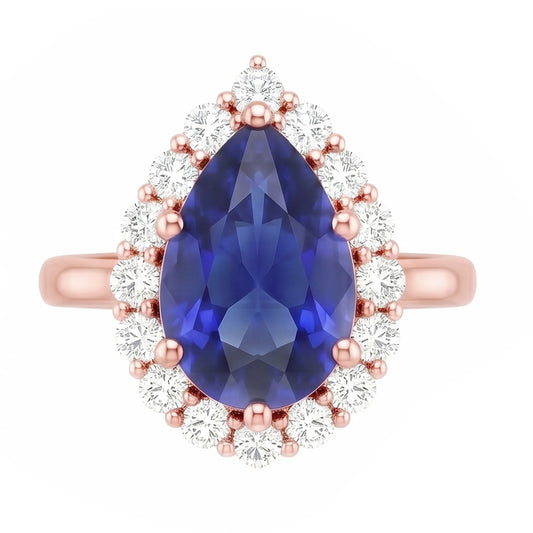 Halo Ring Rose Gold Pear Shape Blue Sapphire & Natural Earth Mined Diamonds 3.75 Carats