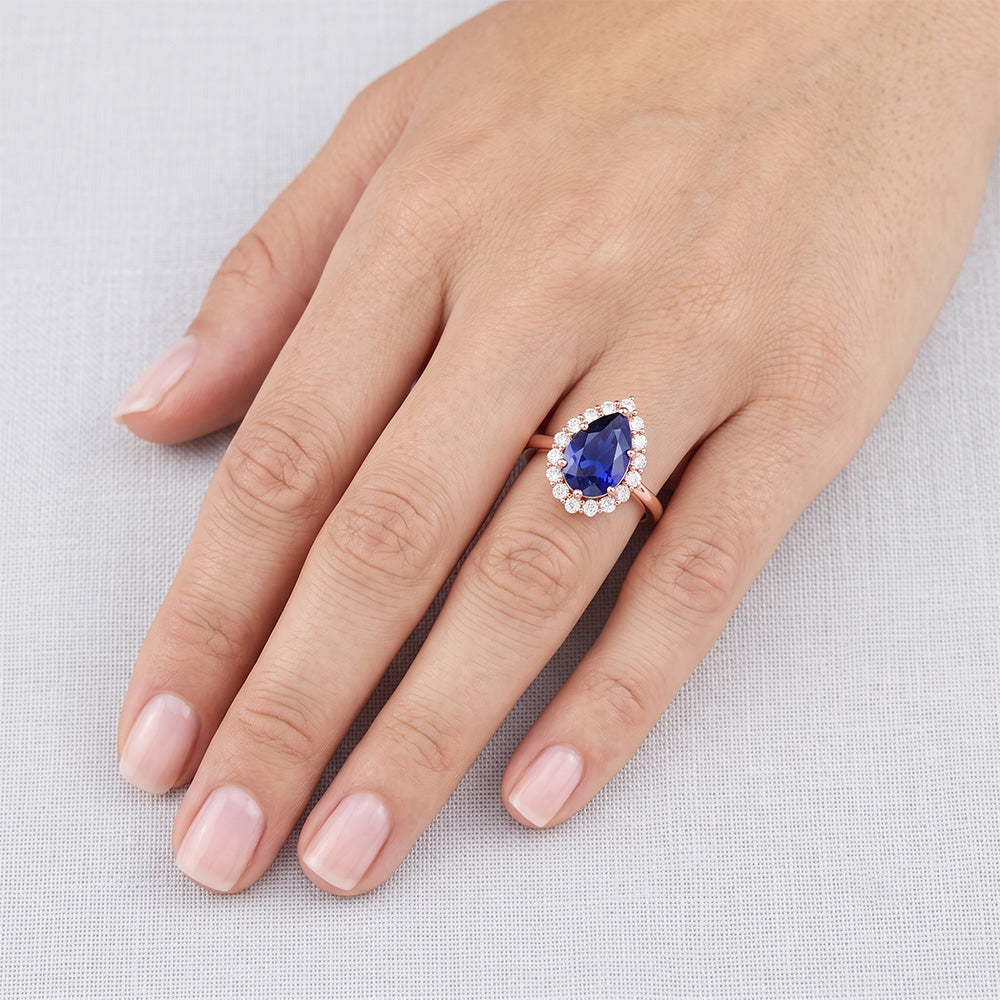 Halo Ring Rose Gold Pear Shape Blue Sapphire & Natural Earth Mined Diamonds 3.75 Carats