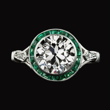Halo Ring Round Old Mine Cut Real Diamond & Baguette Emerald 5 Carats