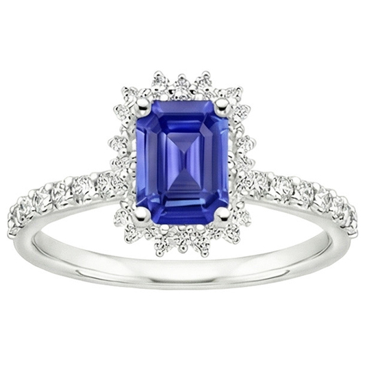 Halo Ring Star Style Ceylon Sapphire & Natural Earth Mined Diamond 4.50 Carats
