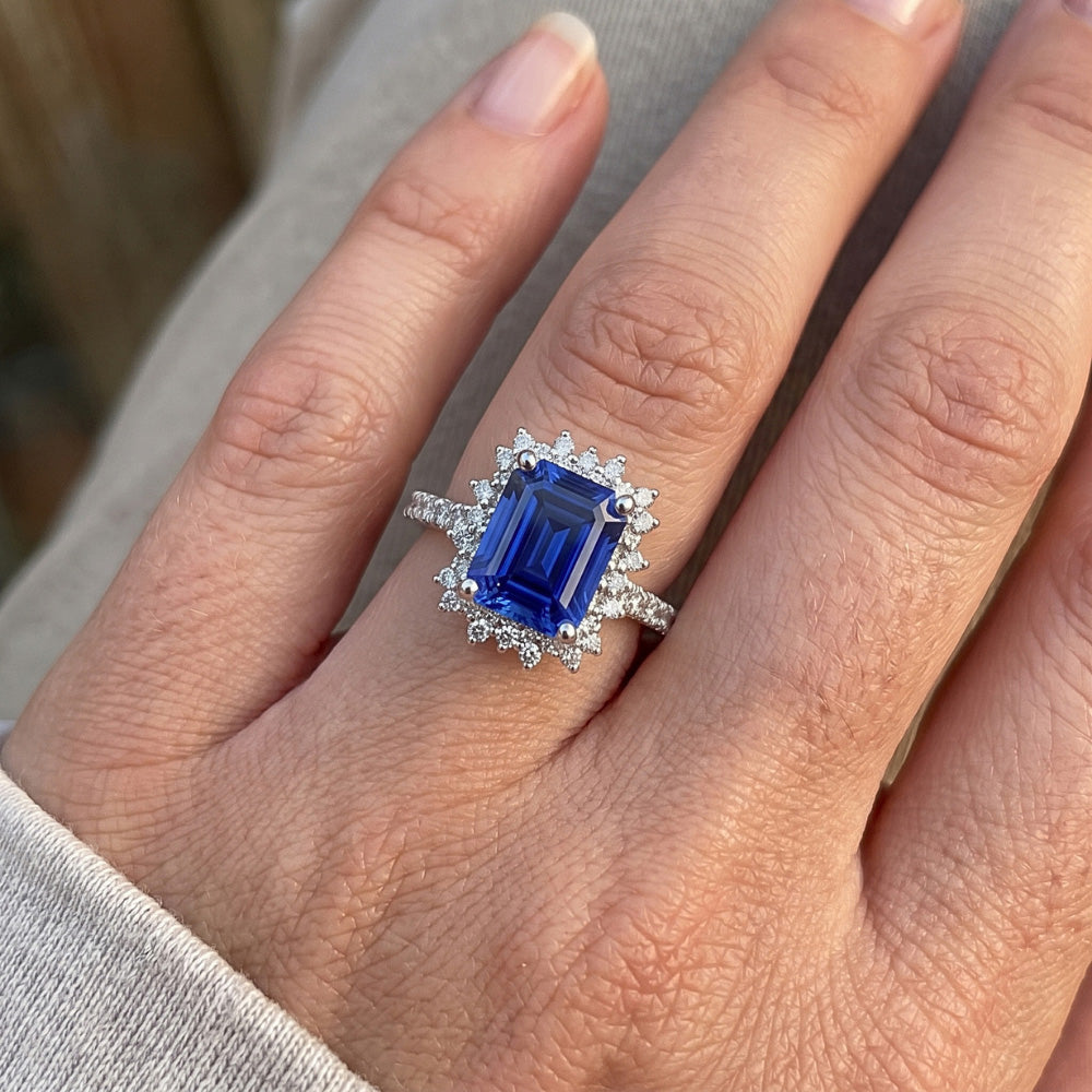 Halo Ring Star Style Ceylon Sapphire & Natural Earth Mined Diamond 4.50 Carats