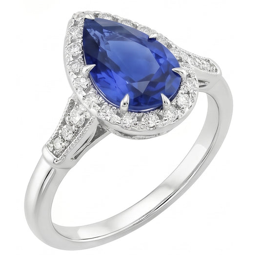 Halo Ring Vintage Style Pear Sri Lankan Sapphire & Natural Earth Mined Diamonds 3.50 Carats
