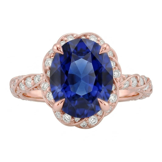 Halo Rose Gold Ring Twist Style Ceylon Sapphire & Natural Earth Mined DIAMOND ( NOT LAB GROWN )s 3.50 Carats