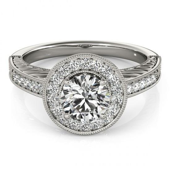 Halo Round Genuine Diamond Vintage Style Ring Engraved WG 14K