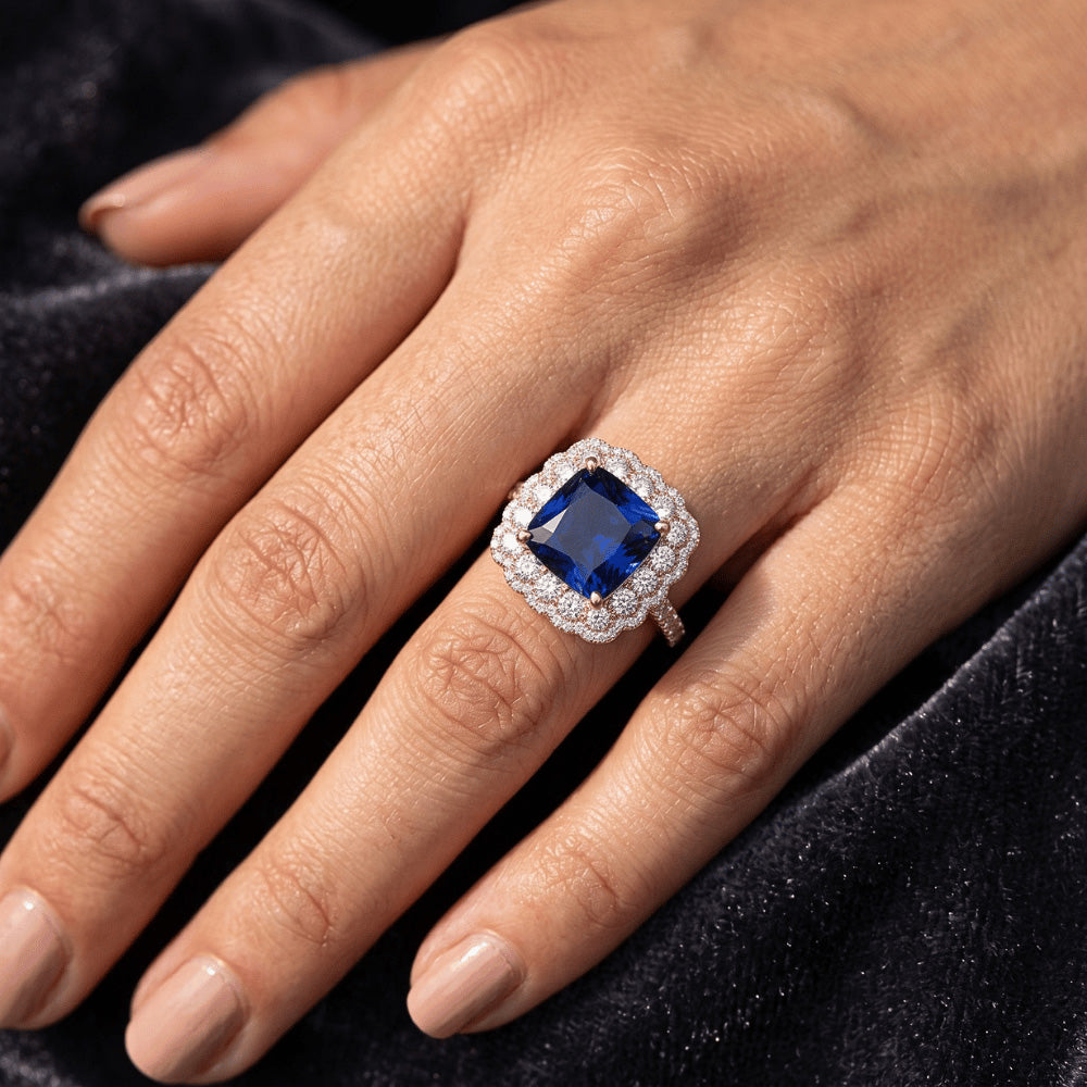 Halo Round Natural Earth Mined Diamond Ring Flower Style Princess Blue Sapphire 7 Carats
