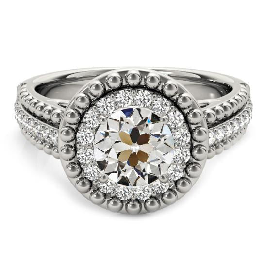 Halo Round Natural Old Mine Cut Diamond Ring Beaded Style 4.50 Carats