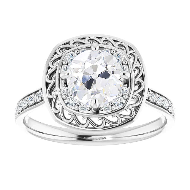 Halo Round Old Cut Real Diamond Ring With Accents White Gold 4.50 Carats