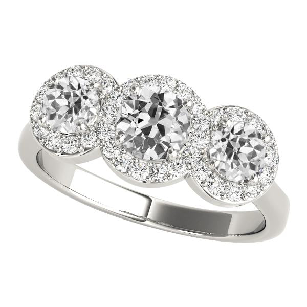 Halo Round Old Mine Cut Genuine Diamond Ring 3 Stone Style 6 Carats