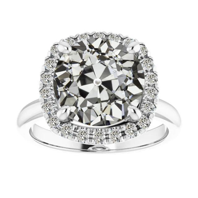 Halo Round Old Mine Cut Natural Diamond Ring Prong Set 14K Gold 9 Carats