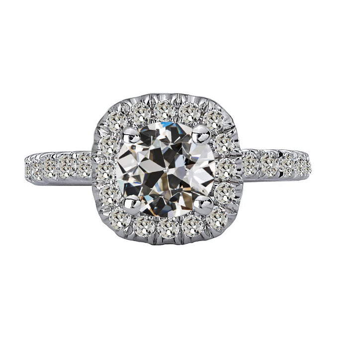 Halo Round Old Mine Cut Real Diamond Ring Prong Set 14K Gold 6 Carats
