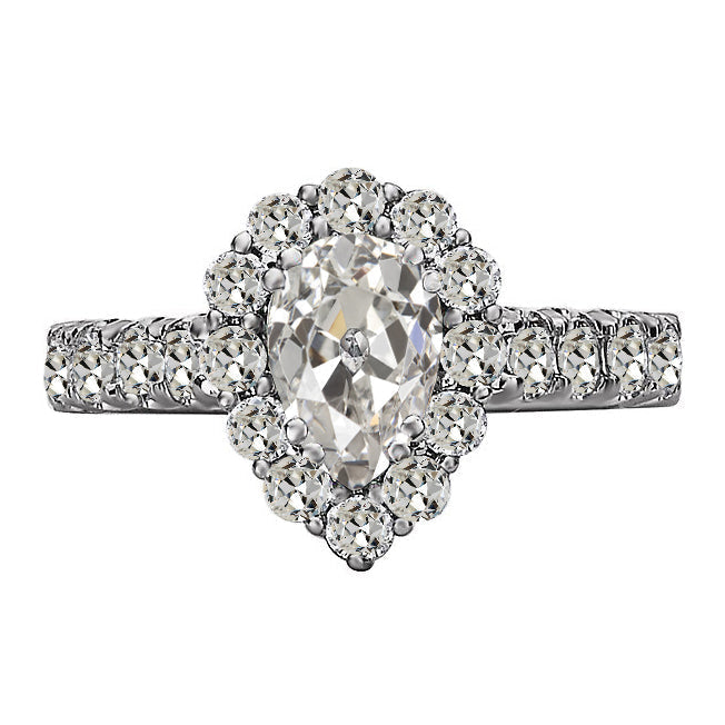 Halo Round & Pear Old Cut Diamond Real Anniversary Ring Gold 6 Carats