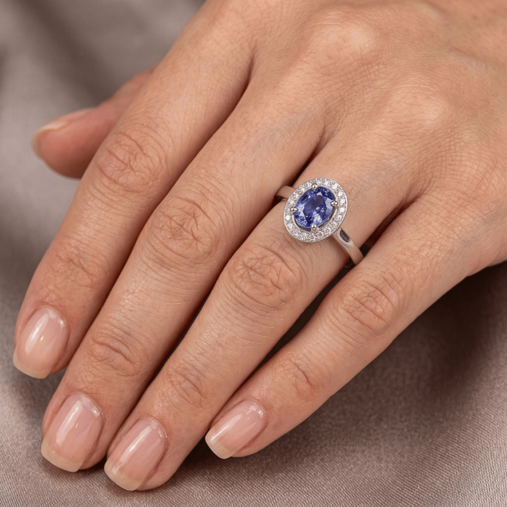 Halo Sapphire And Natural Earth Mined Diamond Ring
