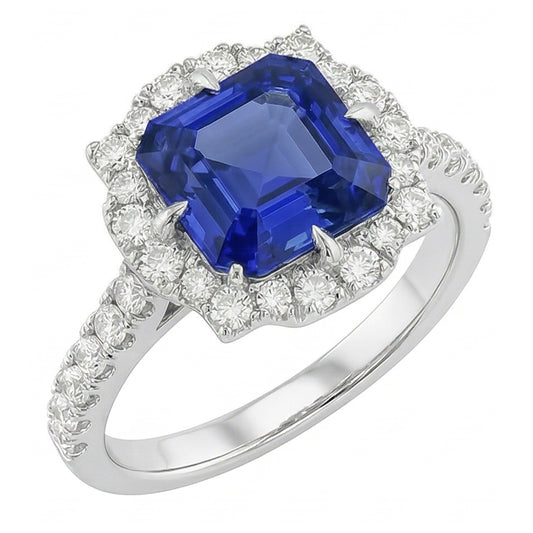 Halo Sapphire Engagement Ring Flower Style Asscher Cut 3.50 Carats