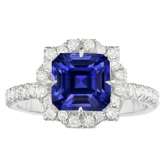 Halo Sapphire Engagement Ring Flower Style Asscher Cut 3.50 Carats