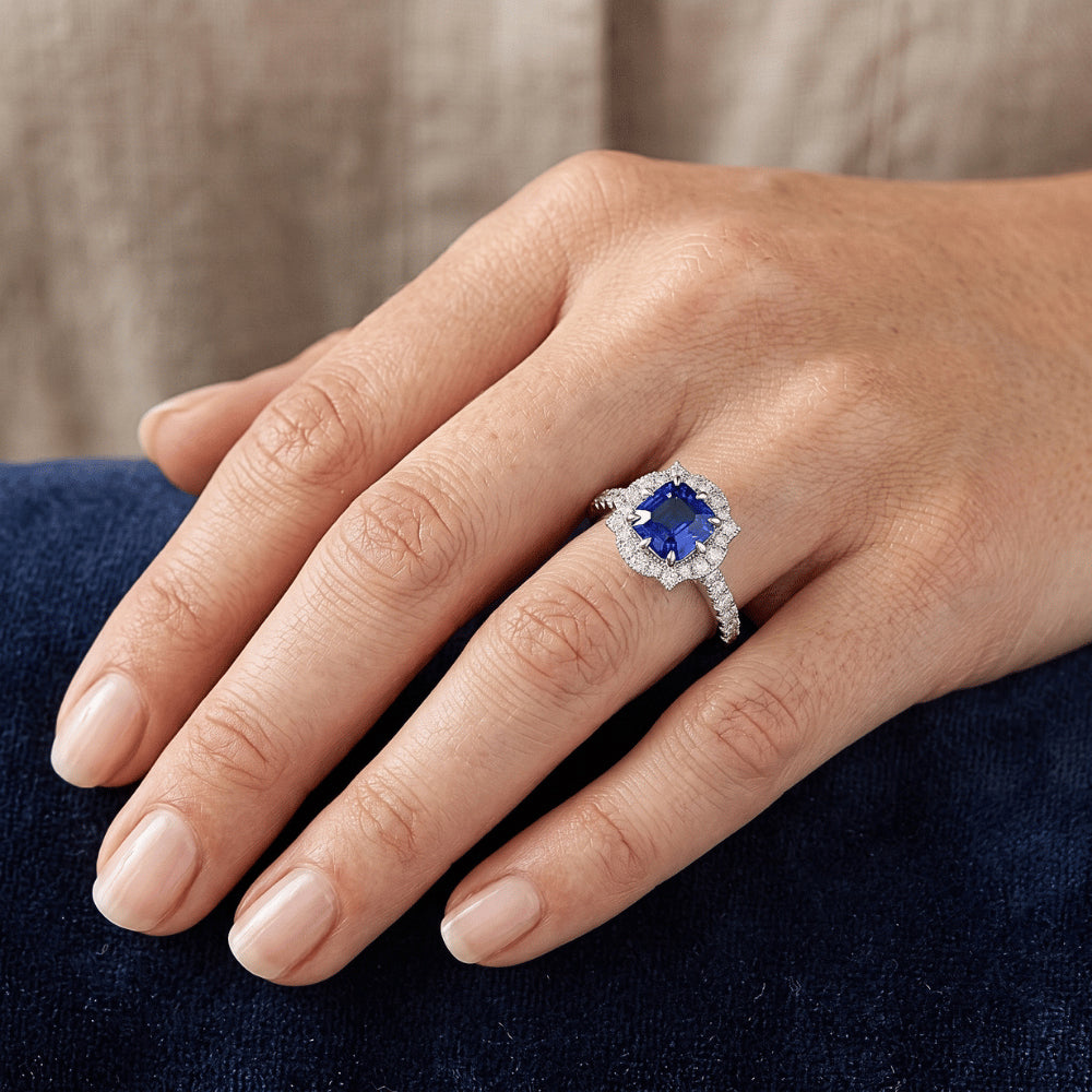 Halo Sapphire Engagement Ring Flower Style Asscher Cut 3.50 Carats