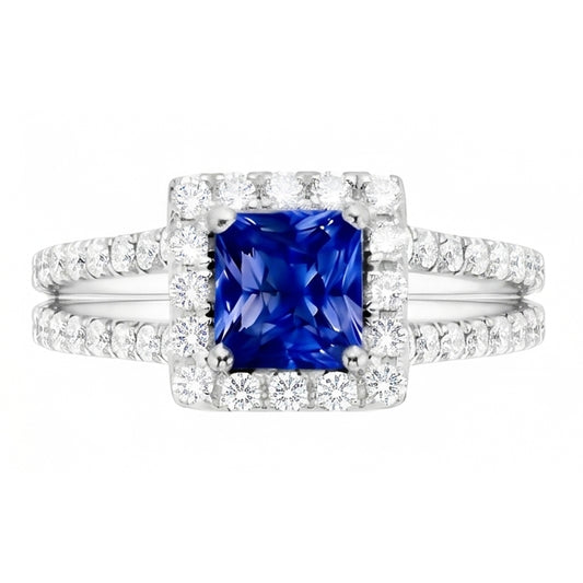 Halo Sapphire Engagement Ring Set Pave Natural Earth Mined Diamond Gold Band 3 Carats