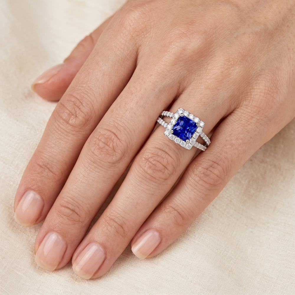 Halo Sapphire Engagement Ring Set Pave Natural Earth Mined Diamond Gold Band 3 Carats