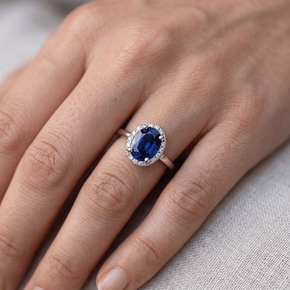 Halo Sri Lankan Sapphire Wedding Ring 3.50 Carats White Gold