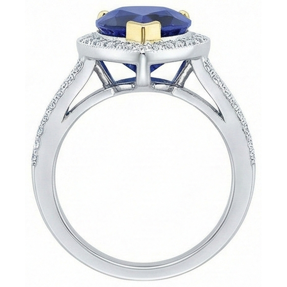 Halo Two Tone Gold Deep Blue Sapphire & Natural Earth Mined Diamond Ring 4.50 Carats