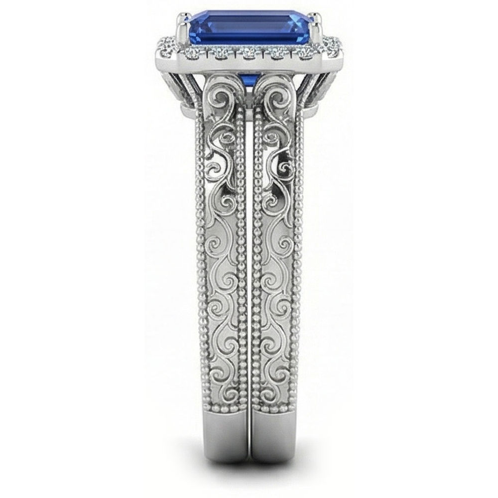 Halo Wedding Ring Set Emerald Blue Sapphire 2.50 Carats Antique Style