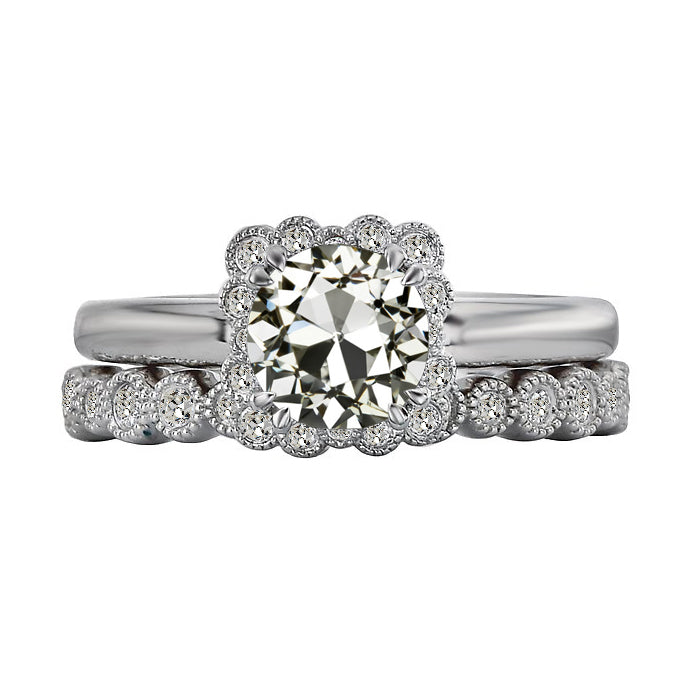 Halo Wedding Ring Set Genuine Round Old Mine Cut Diamond 4 Carats Milgrain